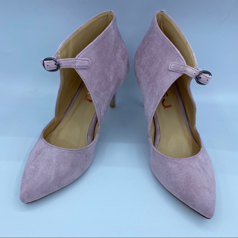 FSJ Women pink suede pointed toe ankle strap pumps